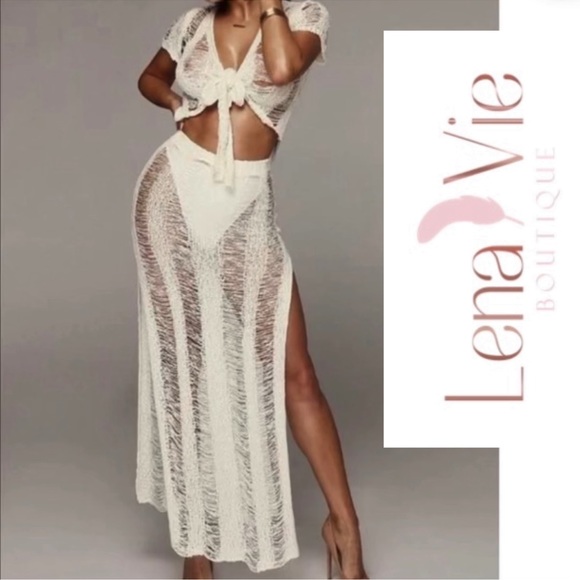 Elegantly Shredded Sexy Cotton Knit Set W/Slit Skirt & Long Tie Wrap Top, White - Picture 1 of 8